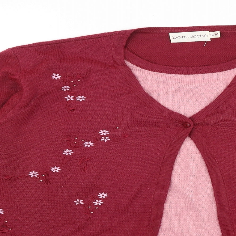 Bonmarché Womens Red Round Neck Floral 100% Cotton Cardigan Jumper Size S - Twin Set