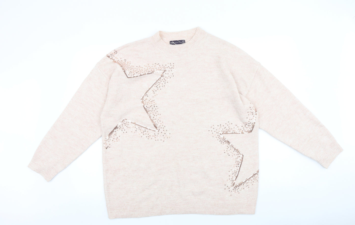 Marks and Spencer Womens Pink Round Neck 100% Cotton Pullover Jumper Size L - Star