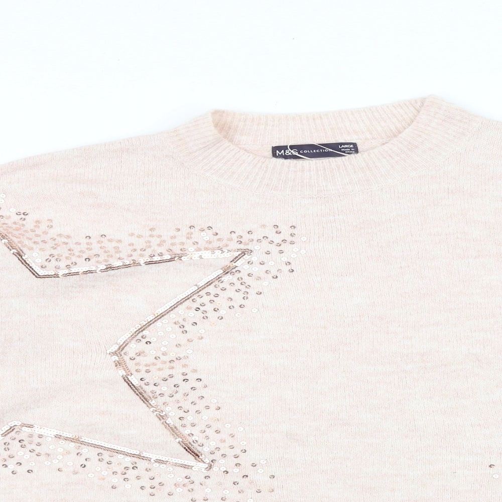 Marks and Spencer Womens Pink Round Neck 100% Cotton Pullover Jumper Size L - Star
