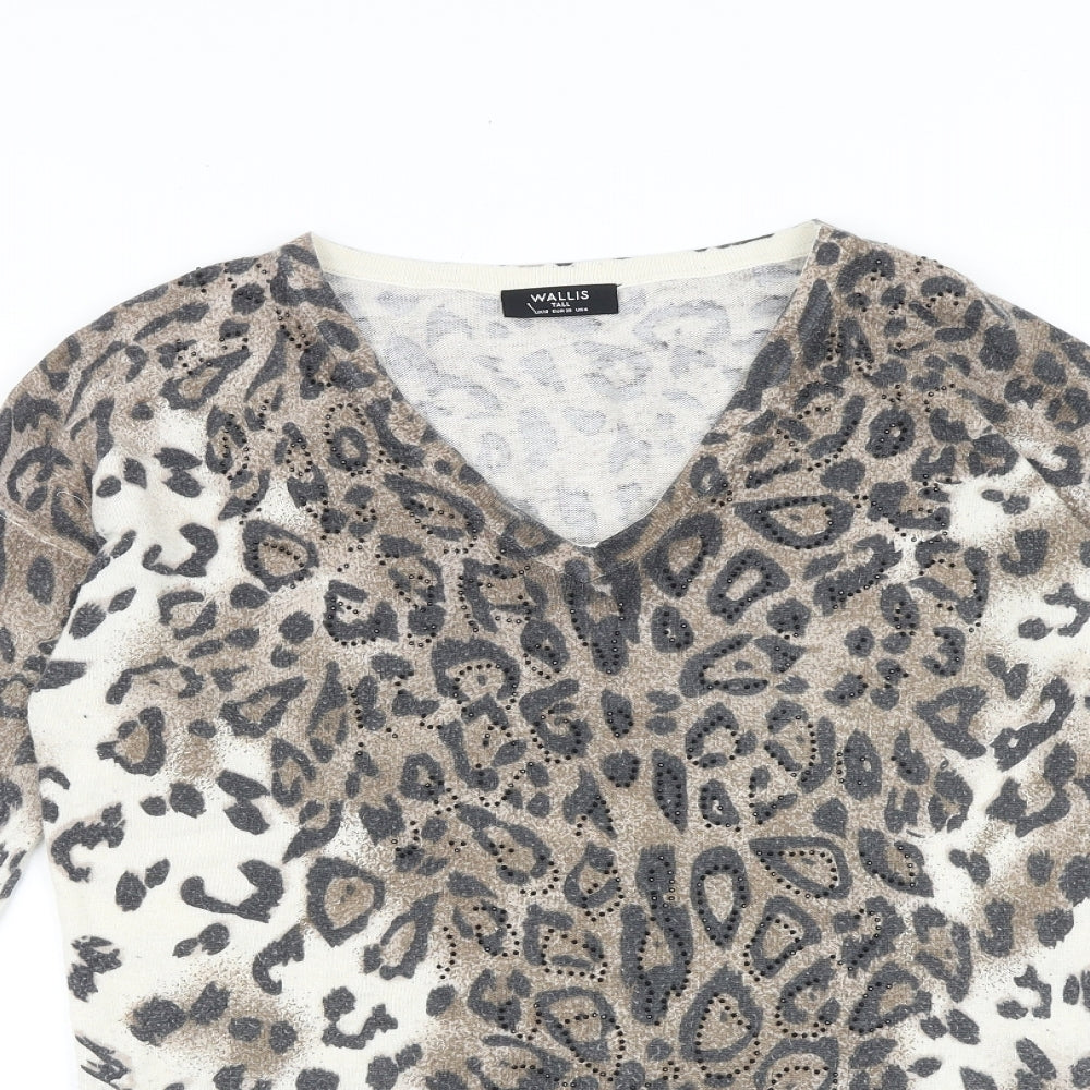 Wallis Womens Brown Animal Print 100% Cotton Basic T-Shirt Size 10 V-Neck