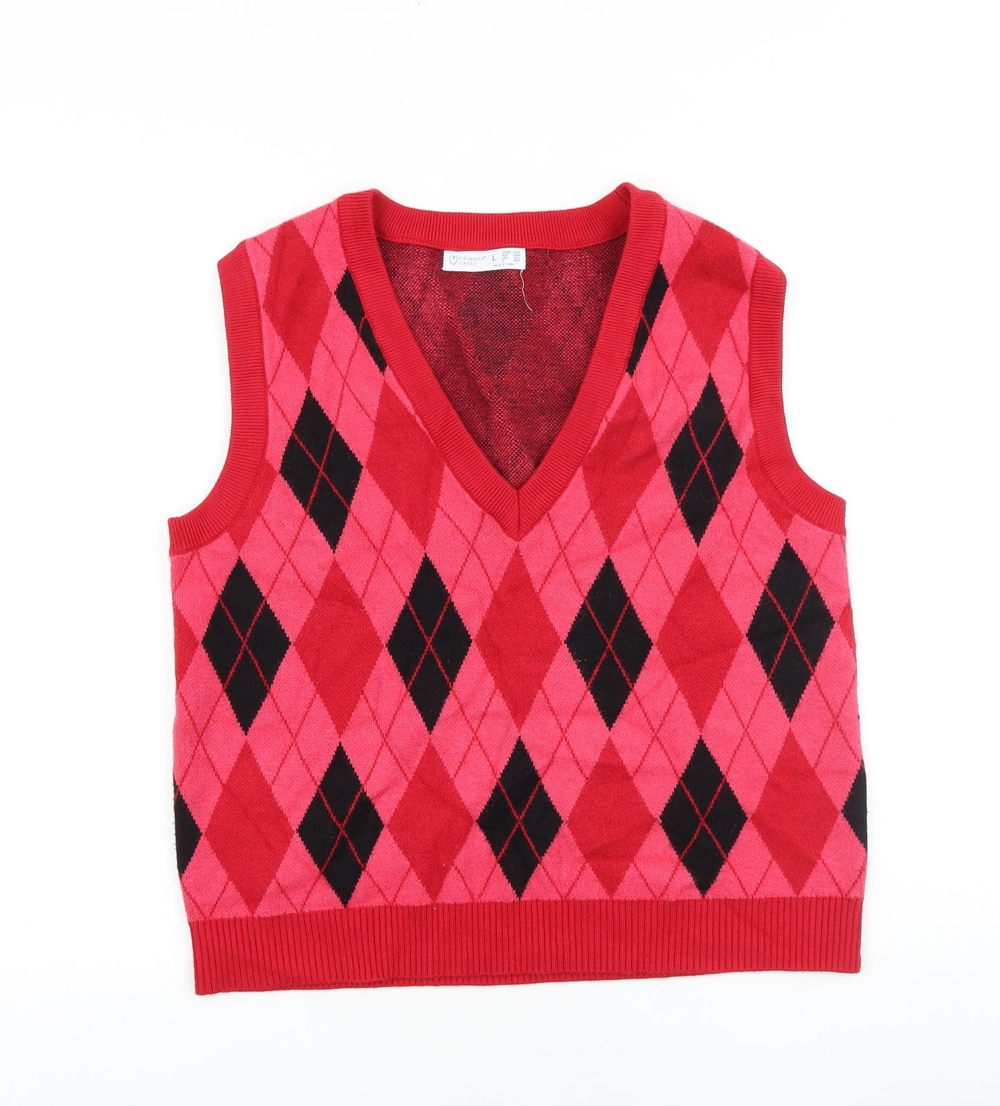 Primark Womens Red V-Neck Argyle/Diamond 100% Cotton Vest Jumper Size L