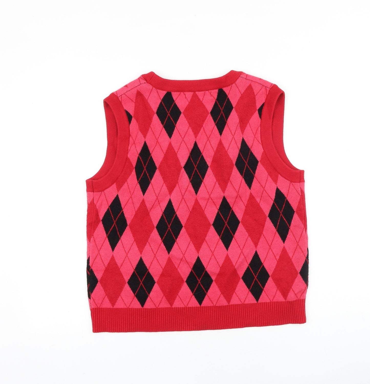 Primark Womens Red V-Neck Argyle/Diamond 100% Cotton Vest Jumper Size L