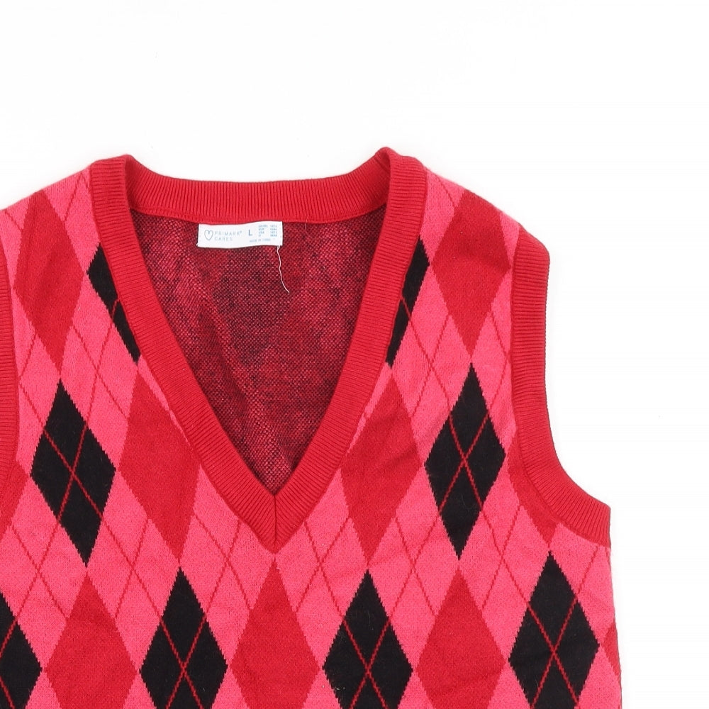 Primark Womens Red V-Neck Argyle/Diamond 100% Cotton Vest Jumper Size L