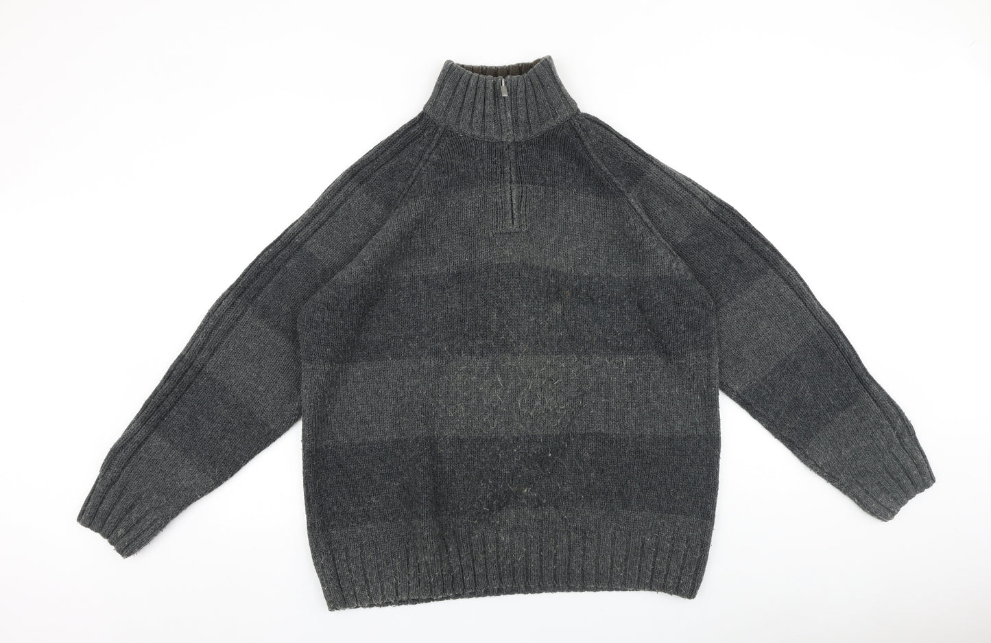 Marks and Spencer Mens Grey High Neck Striped Acrylic Pullover Jumper Size L Long Sleeve