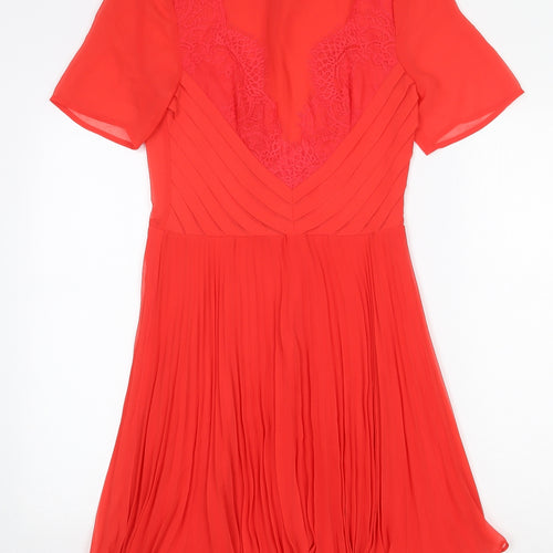 ASOS Womens Red Polyester Fit & Flare Size 10 Round Neck Zip - Lace Detail