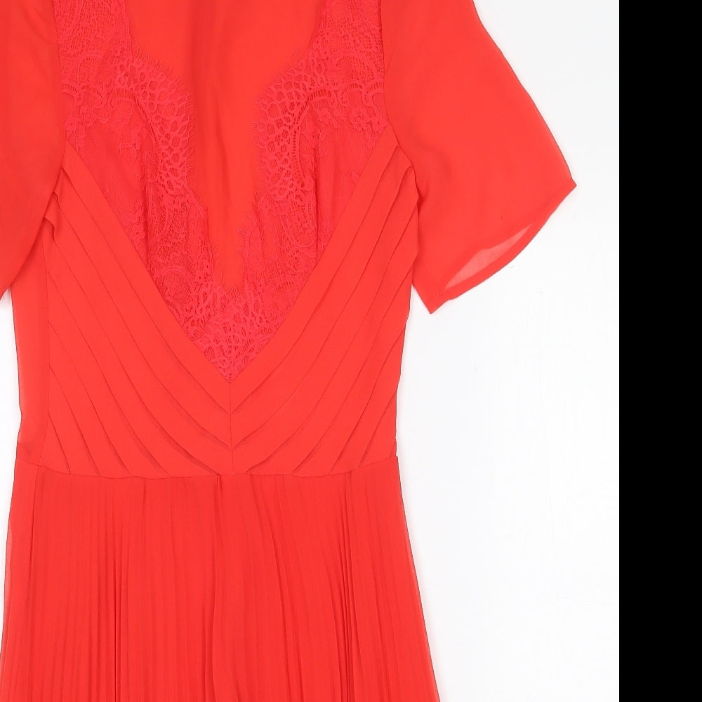 ASOS Womens Red Polyester Fit & Flare Size 10 Round Neck Zip - Lace Detail