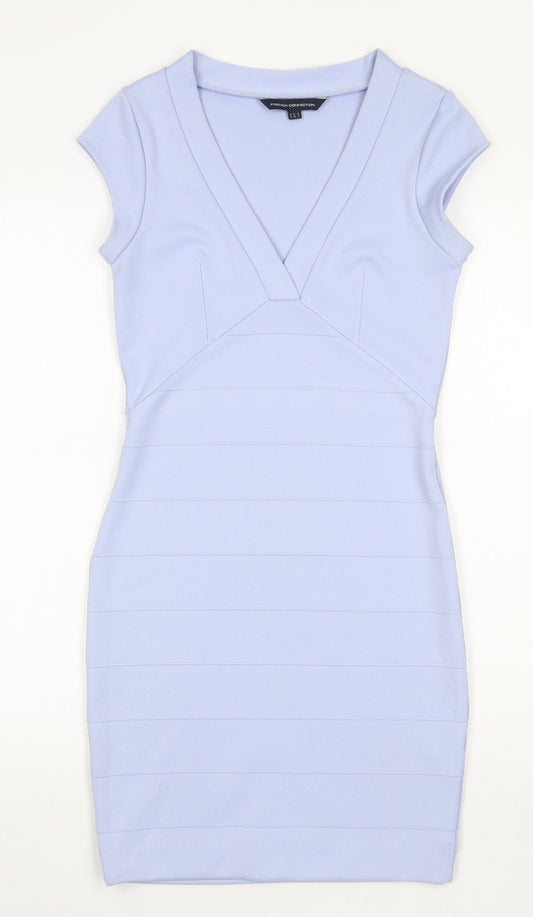 French Connection Womens Blue Polyester Bodycon Size 10 V-Neck Pullover