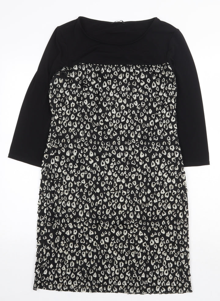 M&Co Womens Black Animal Print Polyester Sheath Size 14 Boat Neck Pullover - Leopard Print