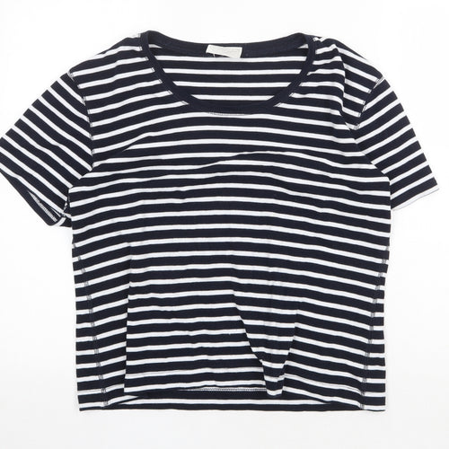 Nightingales Womens Blue Striped Polyester Basic T-Shirt Size L Scoop Neck