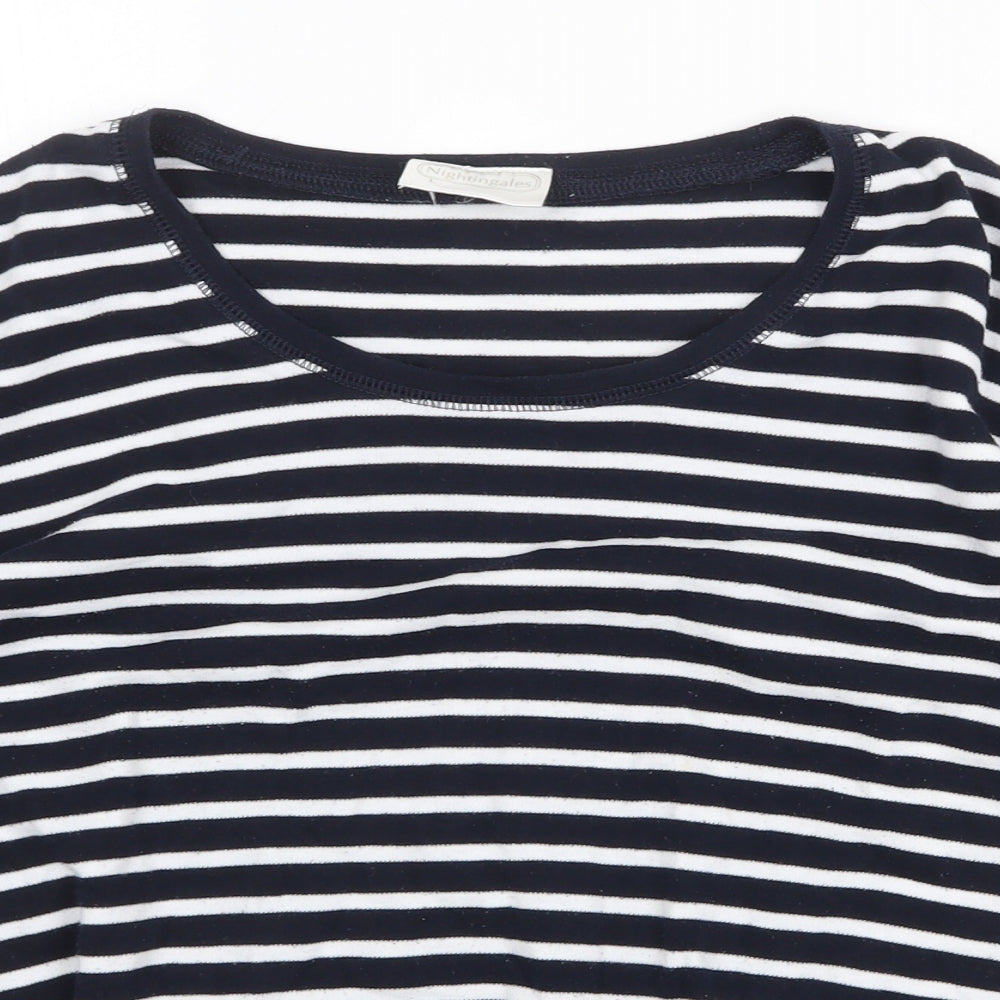 Nightingales Womens Blue Striped Polyester Basic T-Shirt Size L Scoop Neck