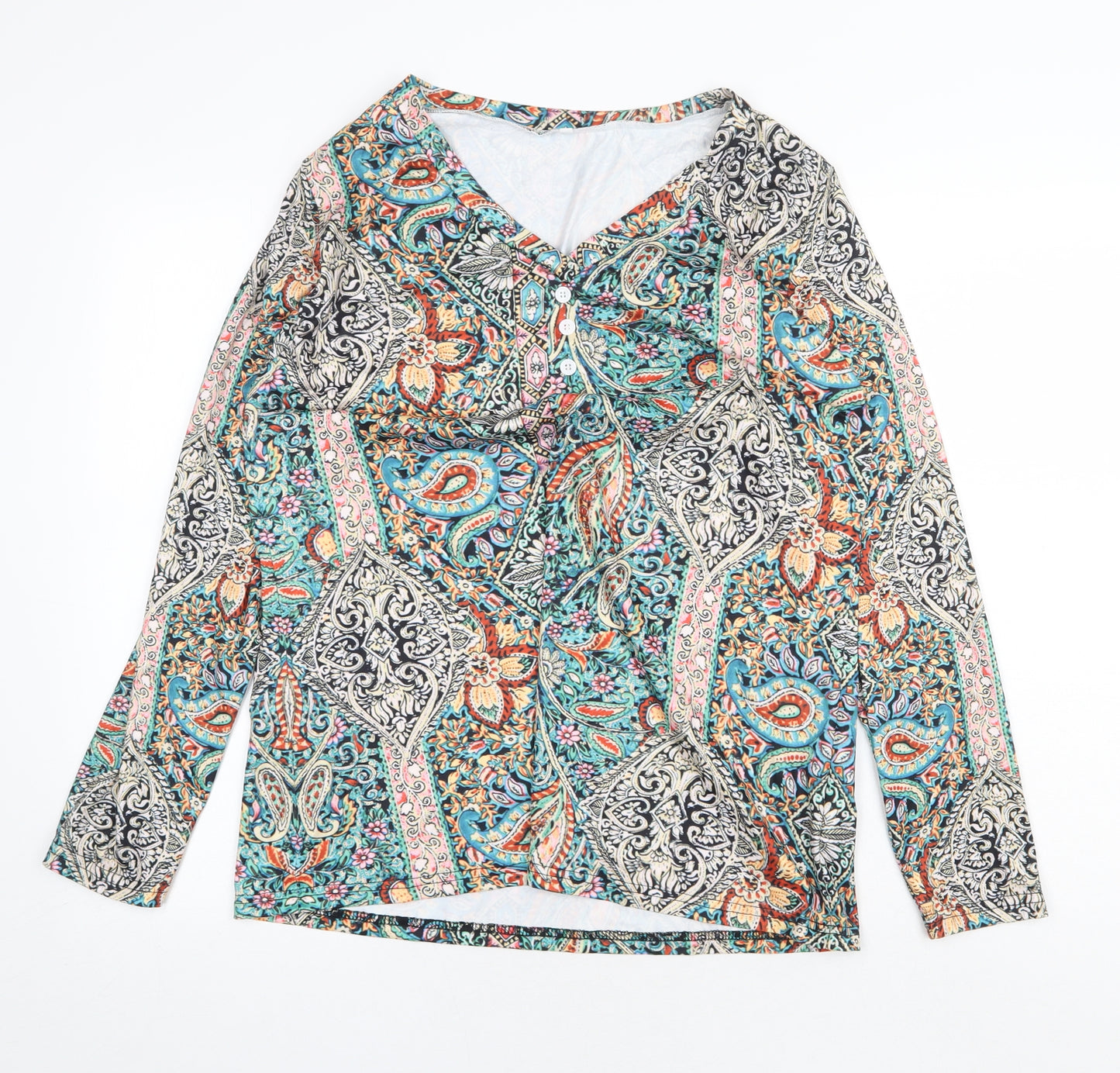 Preworn Womens Multicoloured Geometric Polyester Basic Blouse Size M V-Neck
