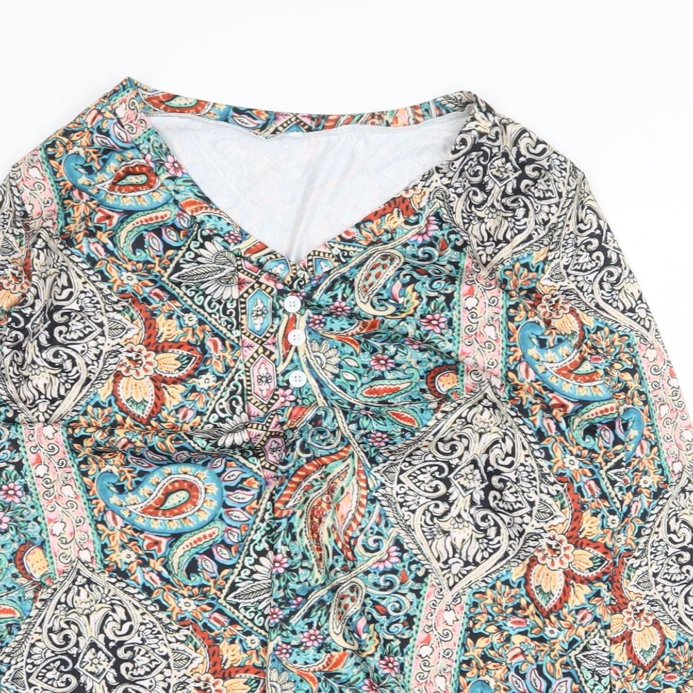 Preworn Womens Multicoloured Geometric Polyester Basic Blouse Size M V-Neck