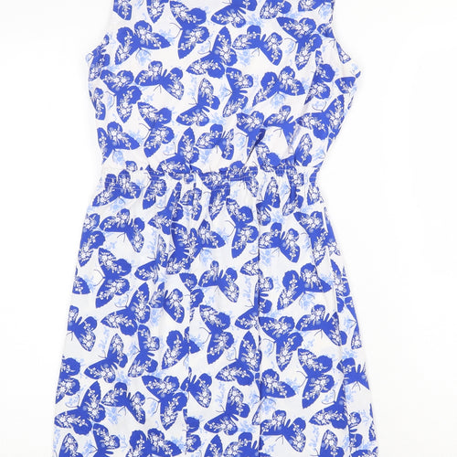 New Look Womens Blue Geometric Polyester A-Line Size 8 Boat Neck Pullover - Butterfly Print