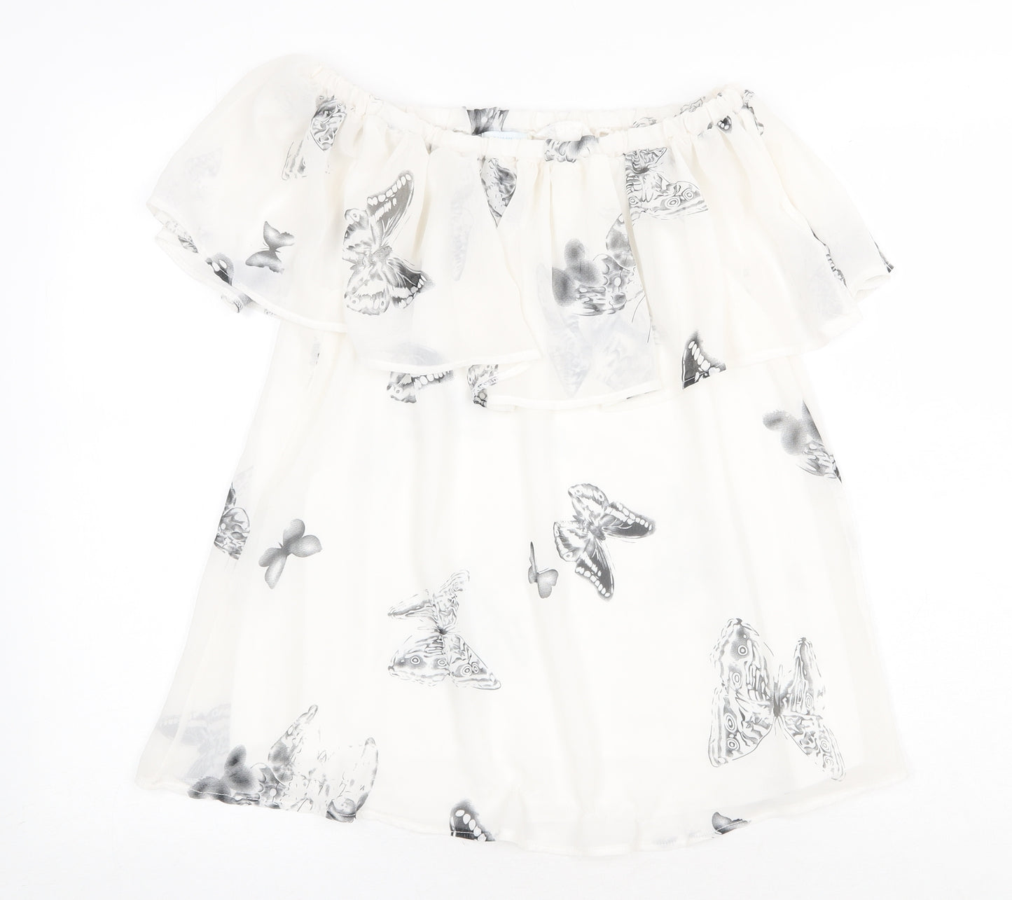 Blue Vanilla Womens White Geometric Polyester Basic Tank Size 8 Off the Shoulder - Butterfly Print