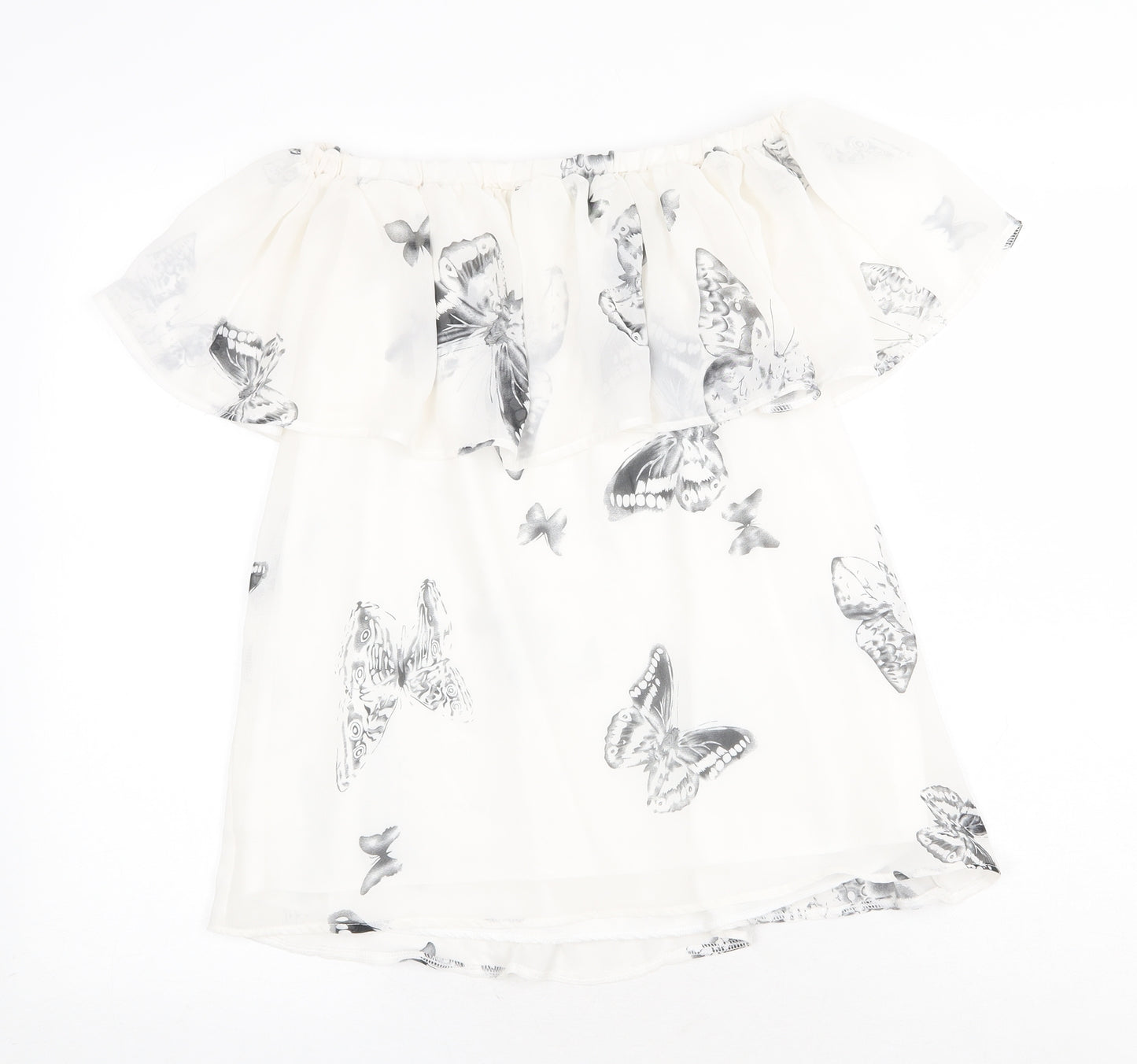 Blue Vanilla Womens White Geometric Polyester Basic Tank Size 8 Off the Shoulder - Butterfly Print