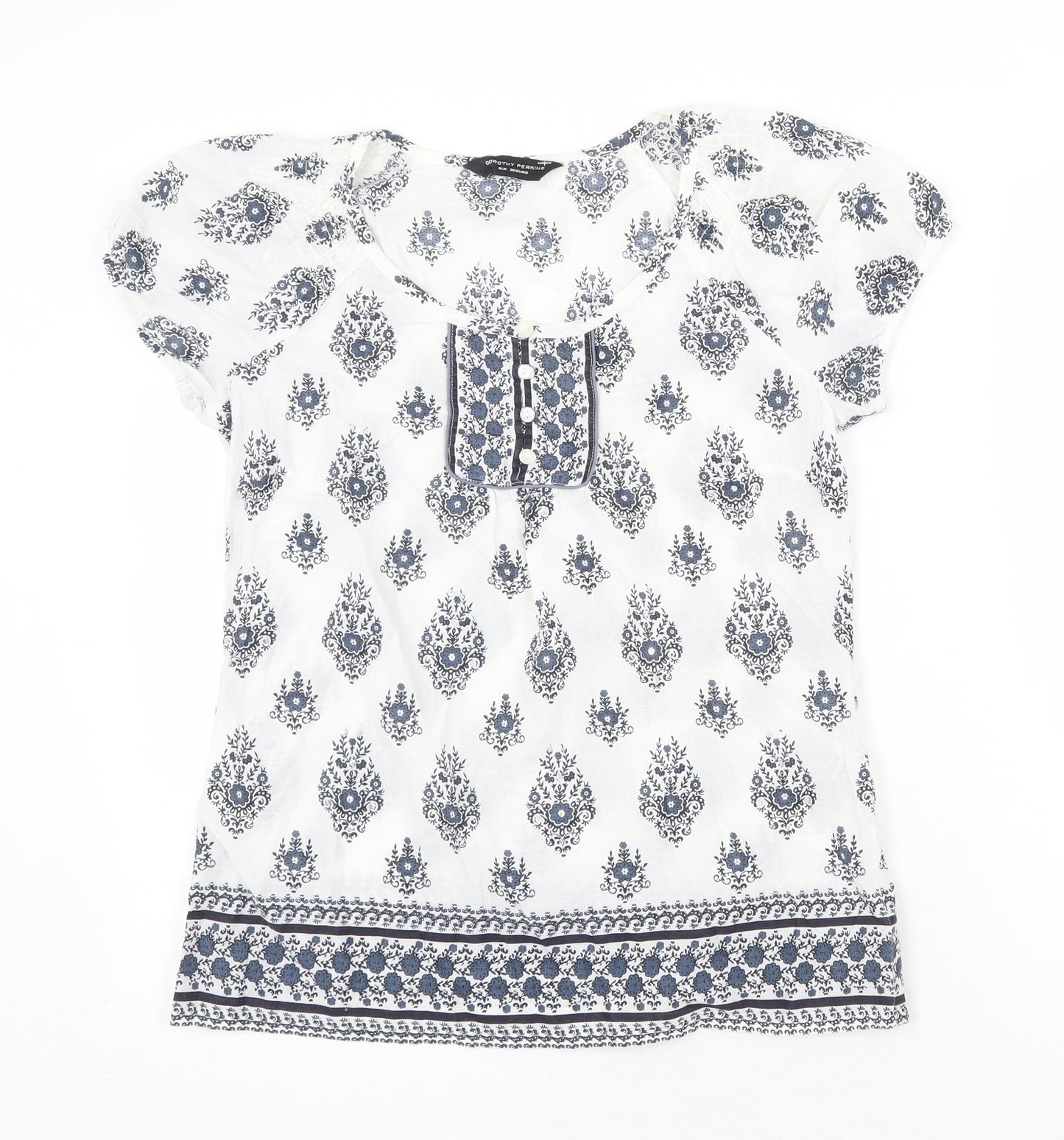 Dorothy Perkins Womens White Geometric 100% Cotton Basic Blouse Size 8 Round Neck