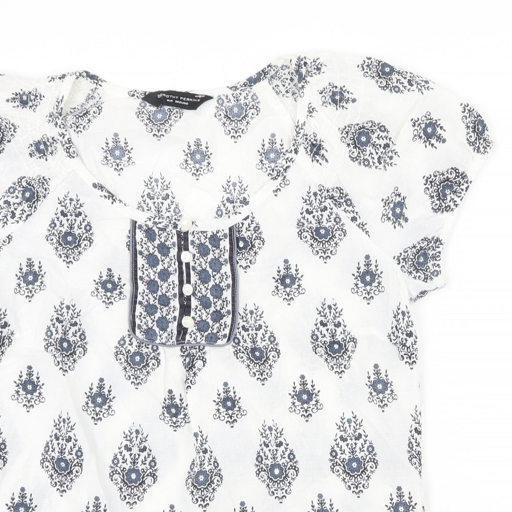 Dorothy Perkins Womens White Geometric 100% Cotton Basic Blouse Size 8 Round Neck