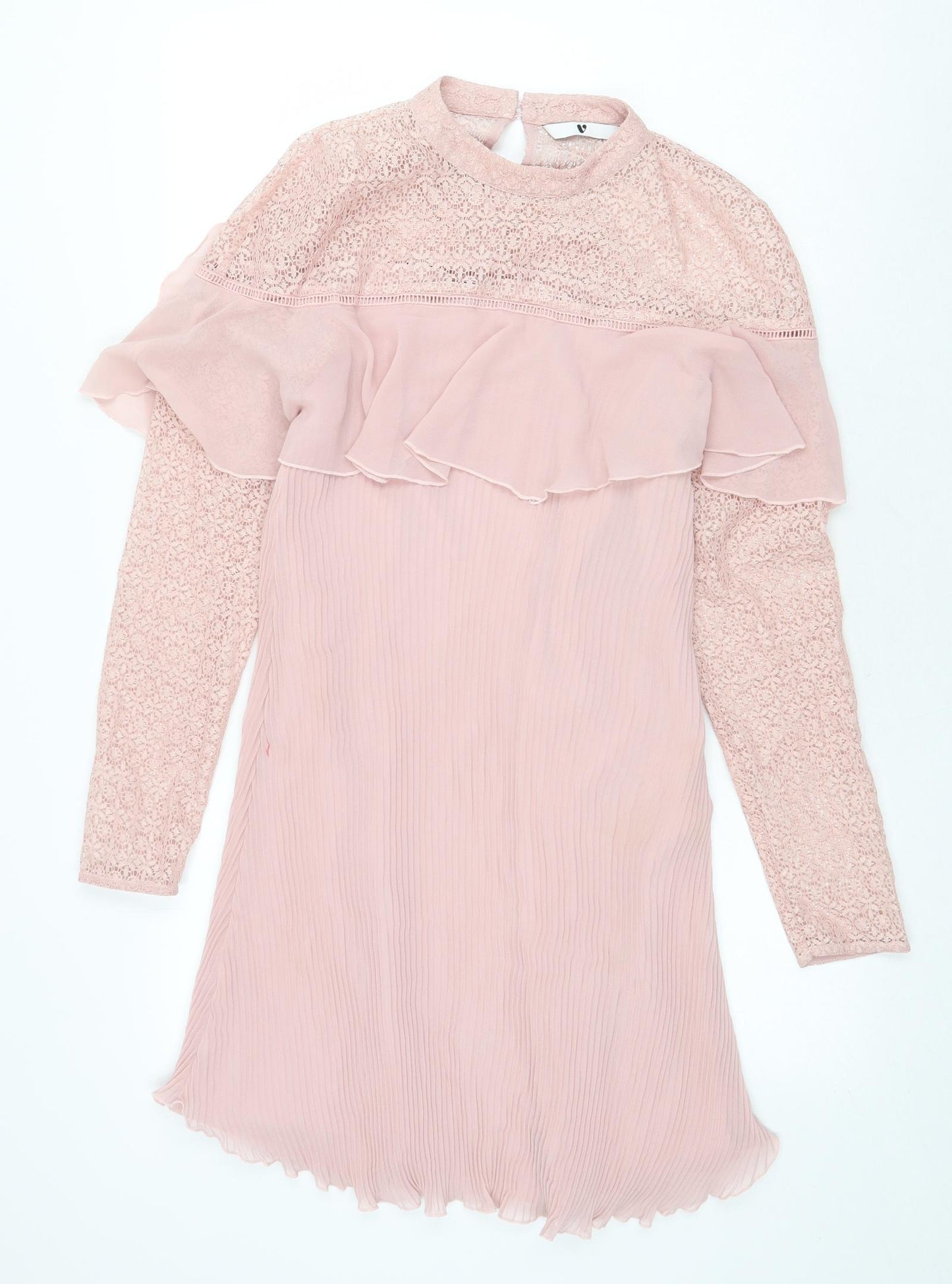 Very Womens Pink Polyester A-Line Size 10 Mock Neck Button - Lace Detail