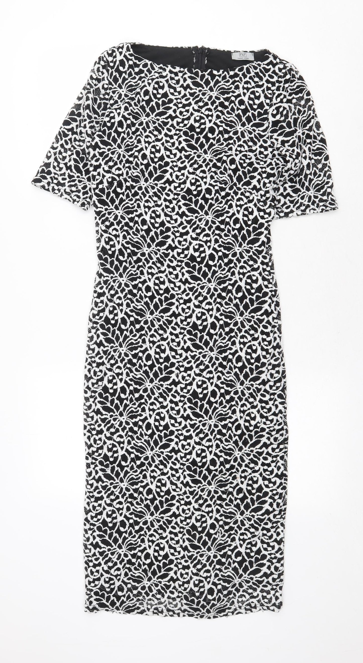 F&F Womens Black Geometric Polyester Sheath Size 10 Boat Neck Zip