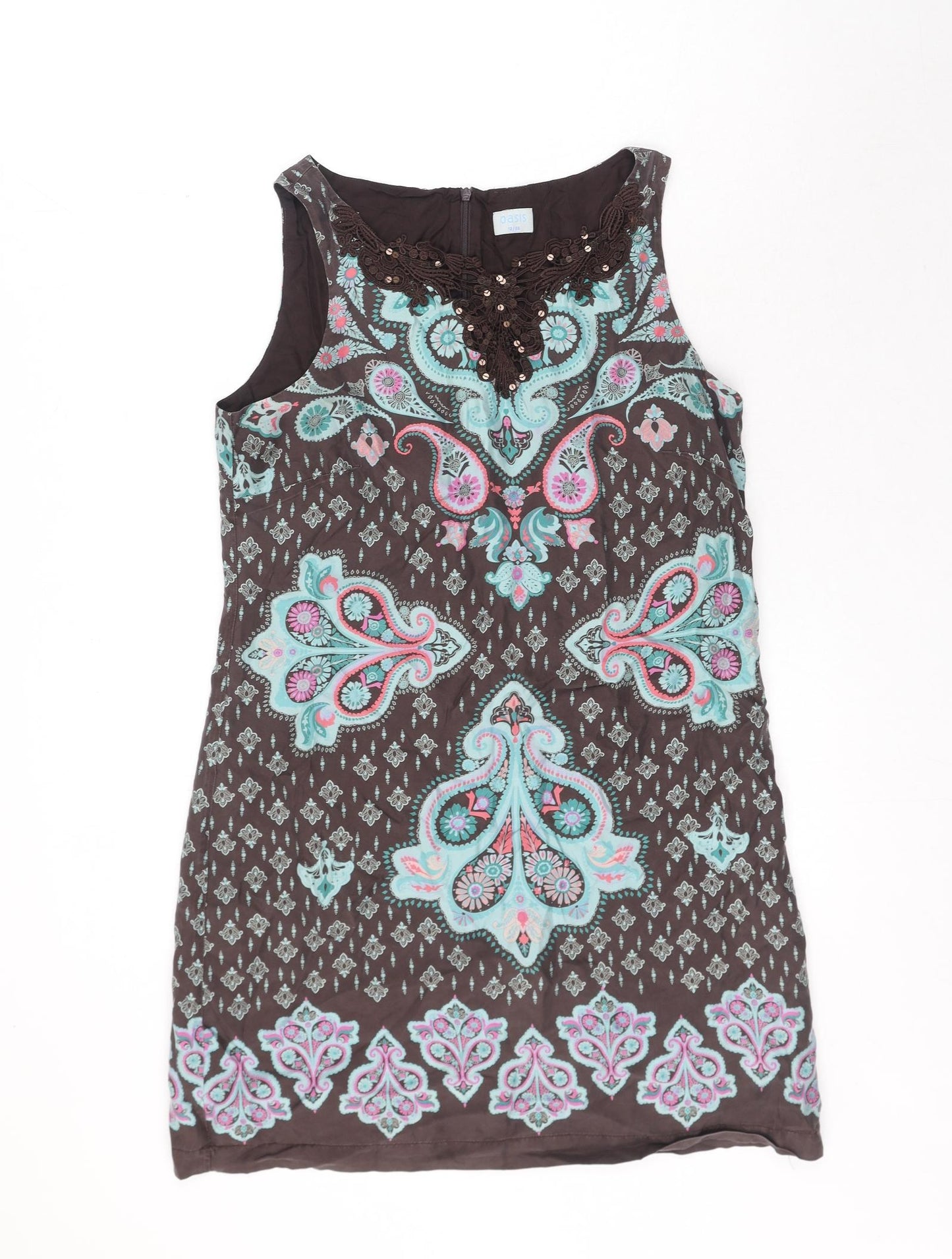 Oasis Womens Brown Paisley Silk Shift Size 12 Boat Neck Pullover