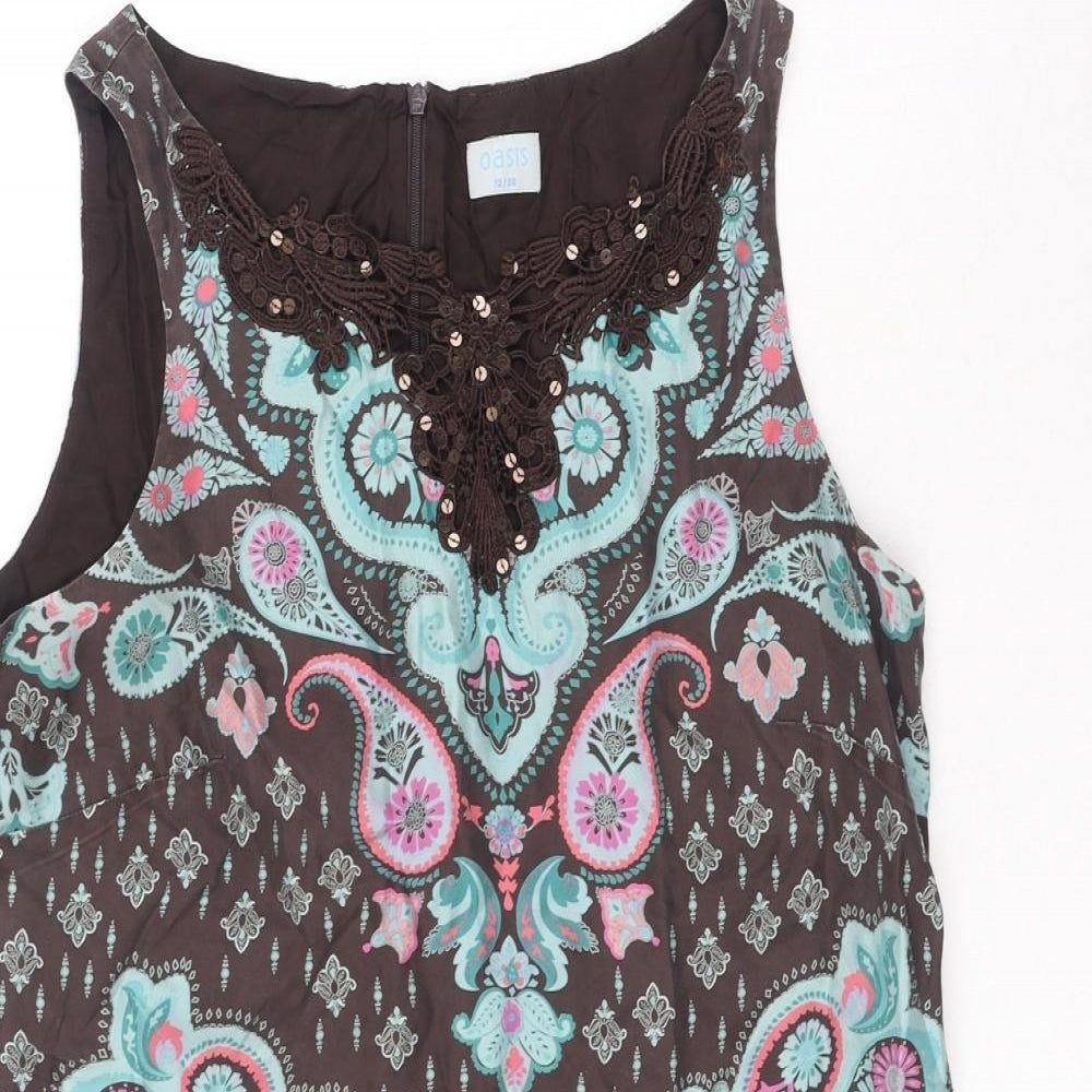 Oasis Womens Brown Paisley Silk Shift Size 12 Boat Neck Pullover