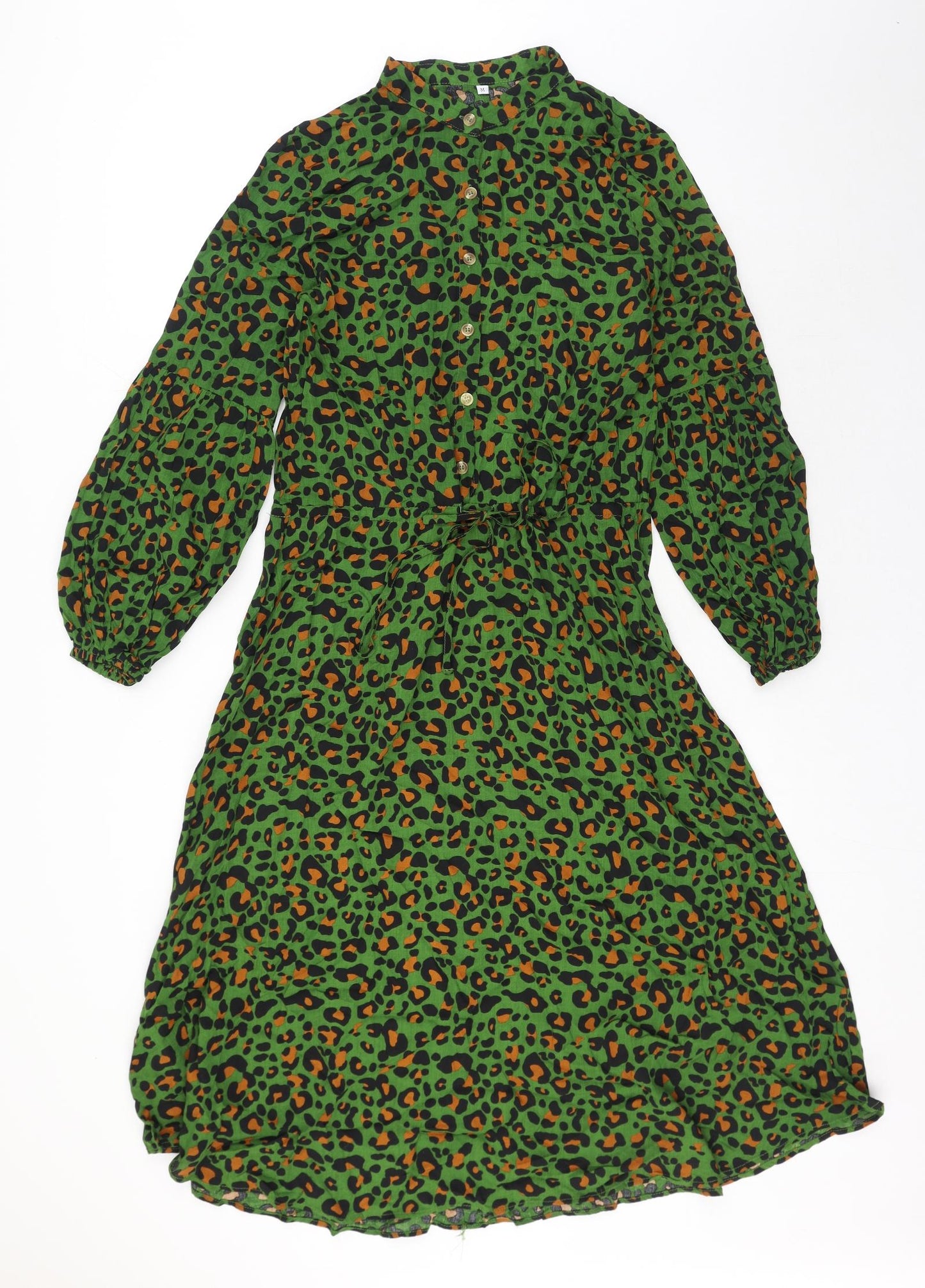 Preworn Womens Green Animal Print Viscose Shirt Dress Size M Roll Neck Button - Leopard Print