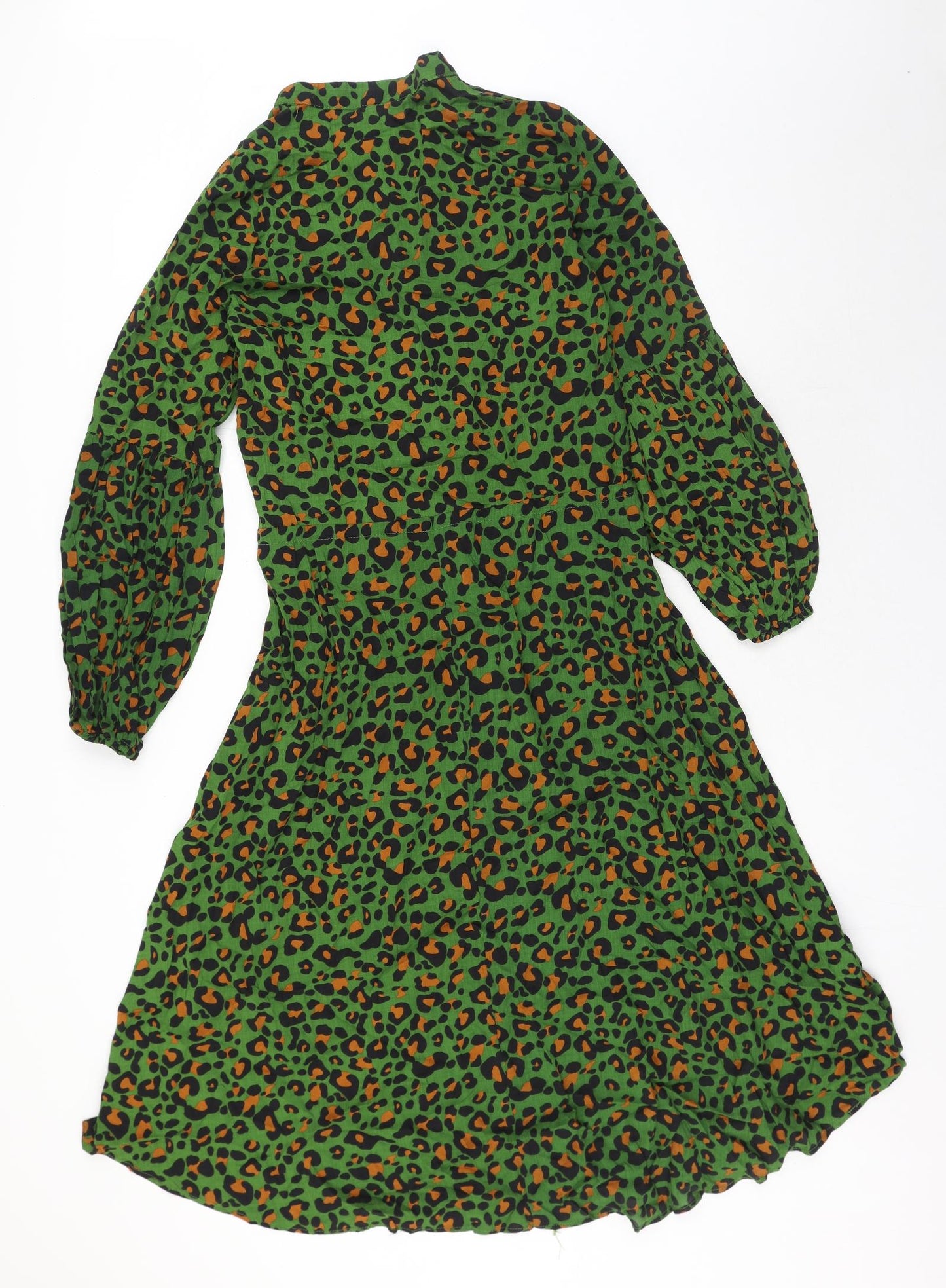 Preworn Womens Green Animal Print Viscose Shirt Dress Size M Roll Neck Button - Leopard Print
