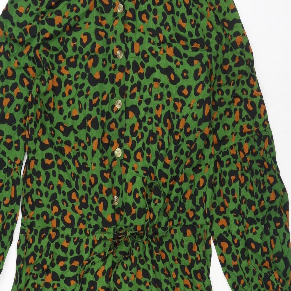 Preworn Womens Green Animal Print Viscose Shirt Dress Size M Roll Neck Button - Leopard Print