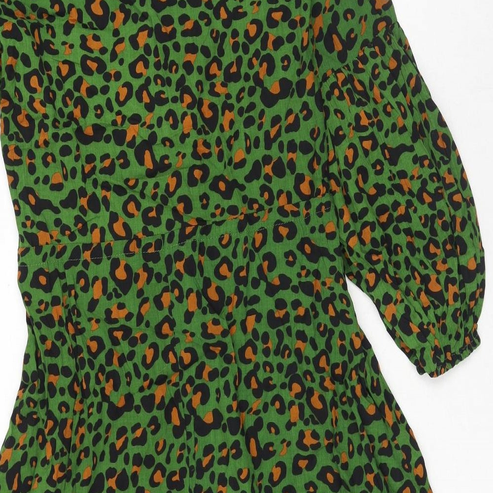 Preworn Womens Green Animal Print Viscose Shirt Dress Size M Roll Neck Button - Leopard Print