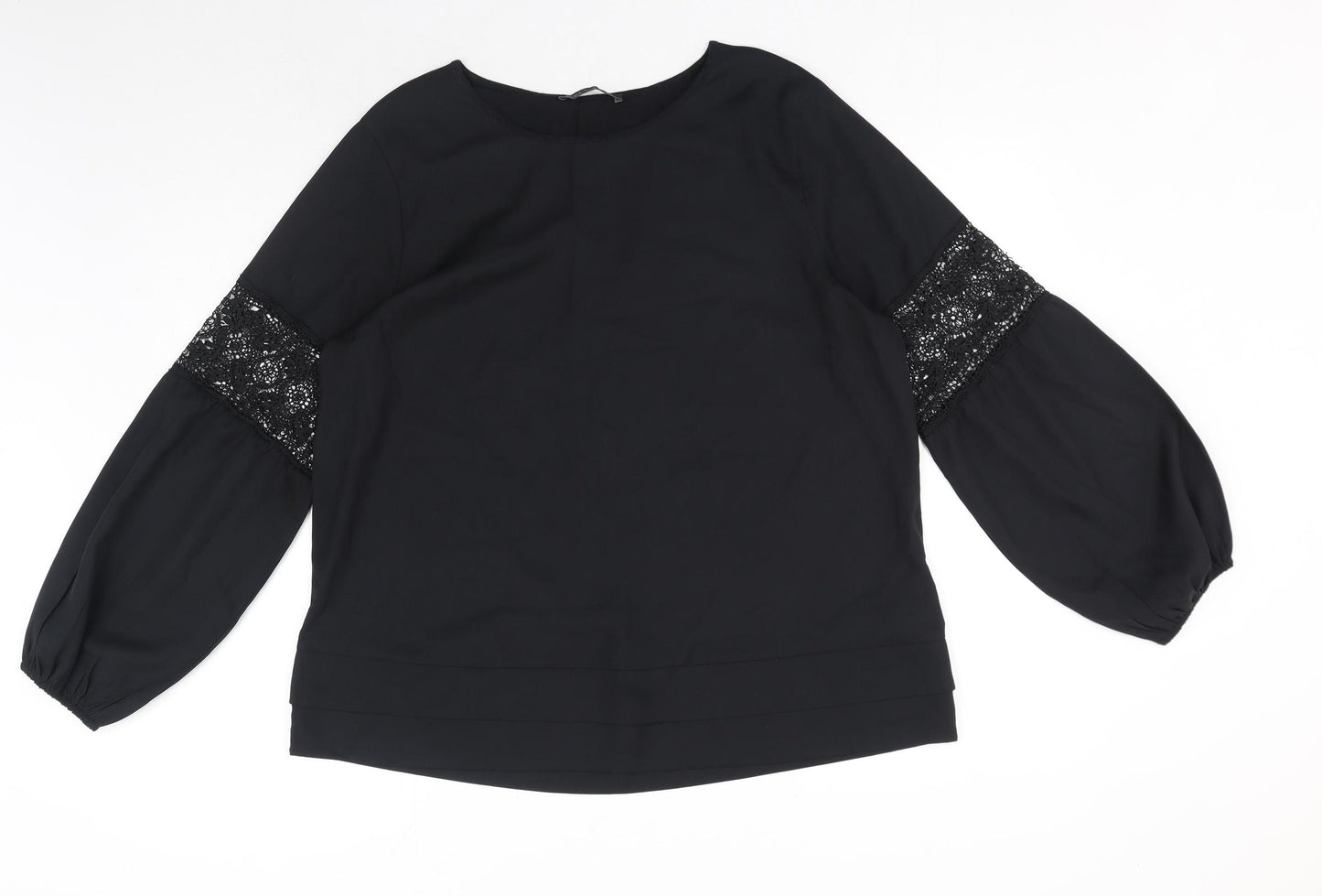 Marks and Spencer Womens Black Cotton Basic Blouse Size 18 Boat Neck - Crochet Sleeve Detail