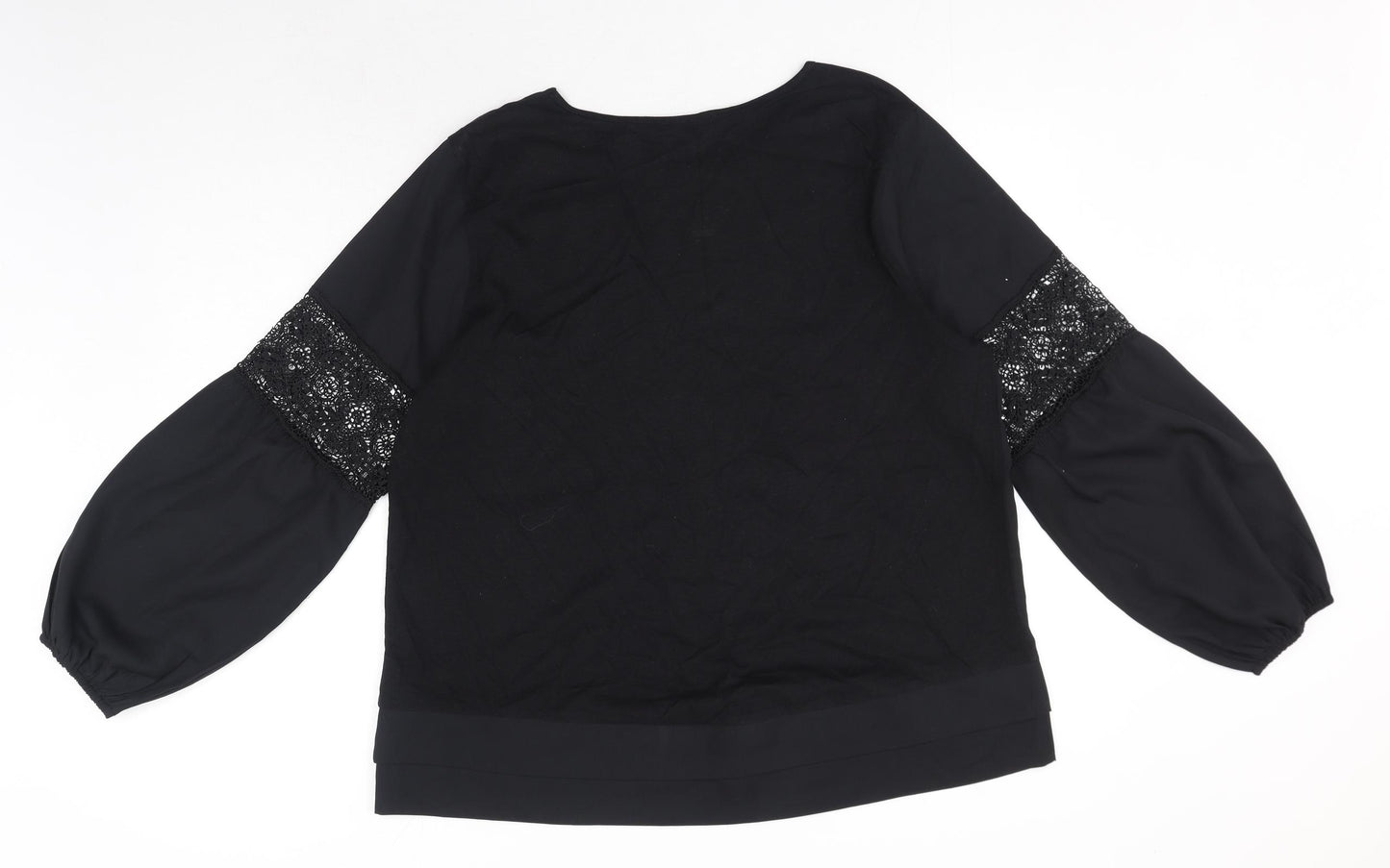 Marks and Spencer Womens Black Cotton Basic Blouse Size 18 Boat Neck - Crochet Sleeve Detail