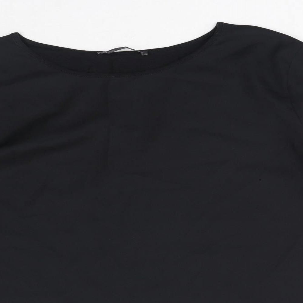 Marks and Spencer Womens Black Cotton Basic Blouse Size 18 Boat Neck - Crochet Sleeve Detail