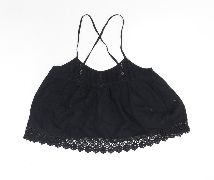 Topshop Womens Black 100% Cotton Camisole Tank Size 8 Scoop Neck - Cross Back Strap Detail