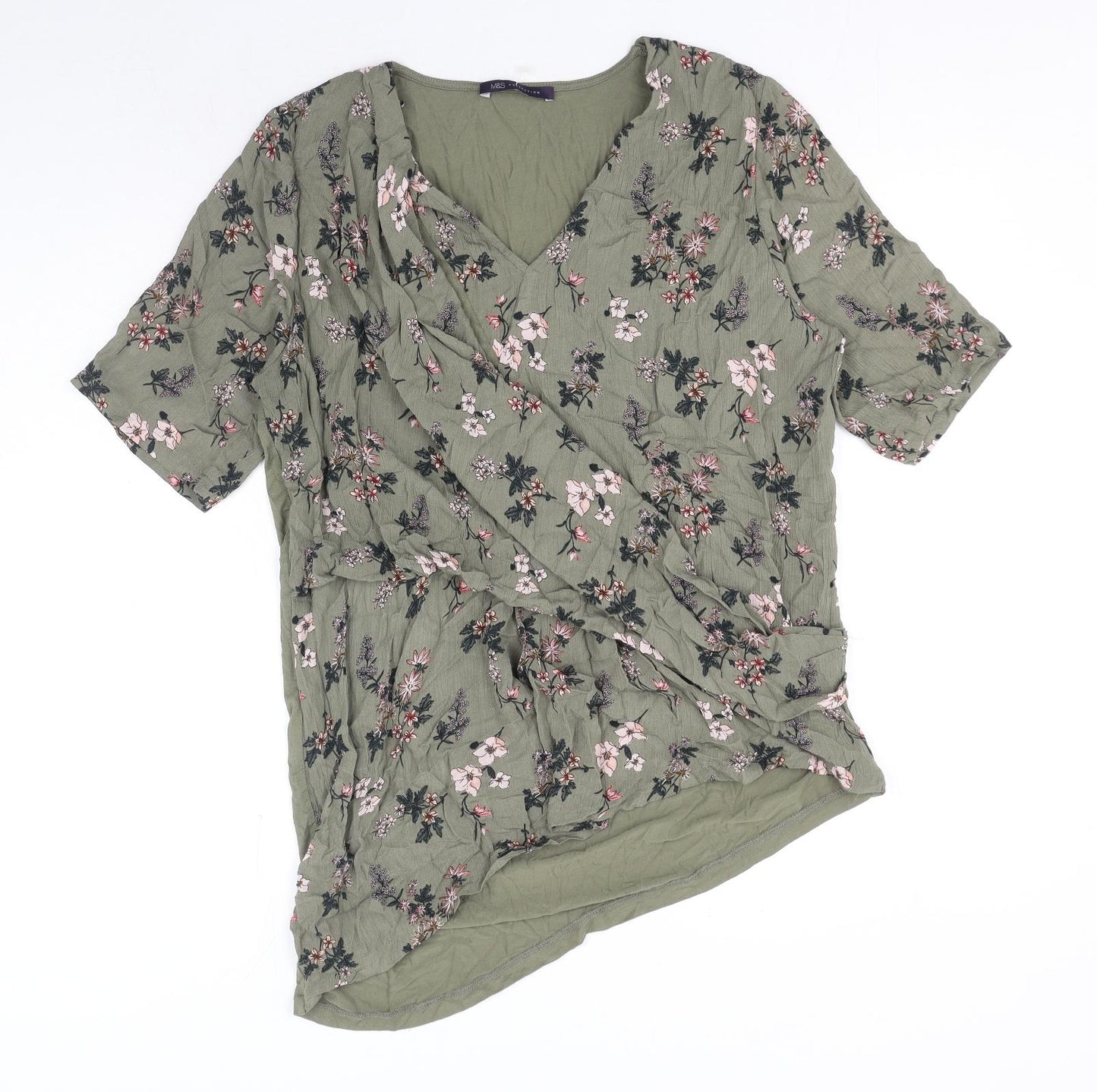 Marks and Spencer Womens Green Floral Viscose Basic T-Shirt Size 16 V-Neck