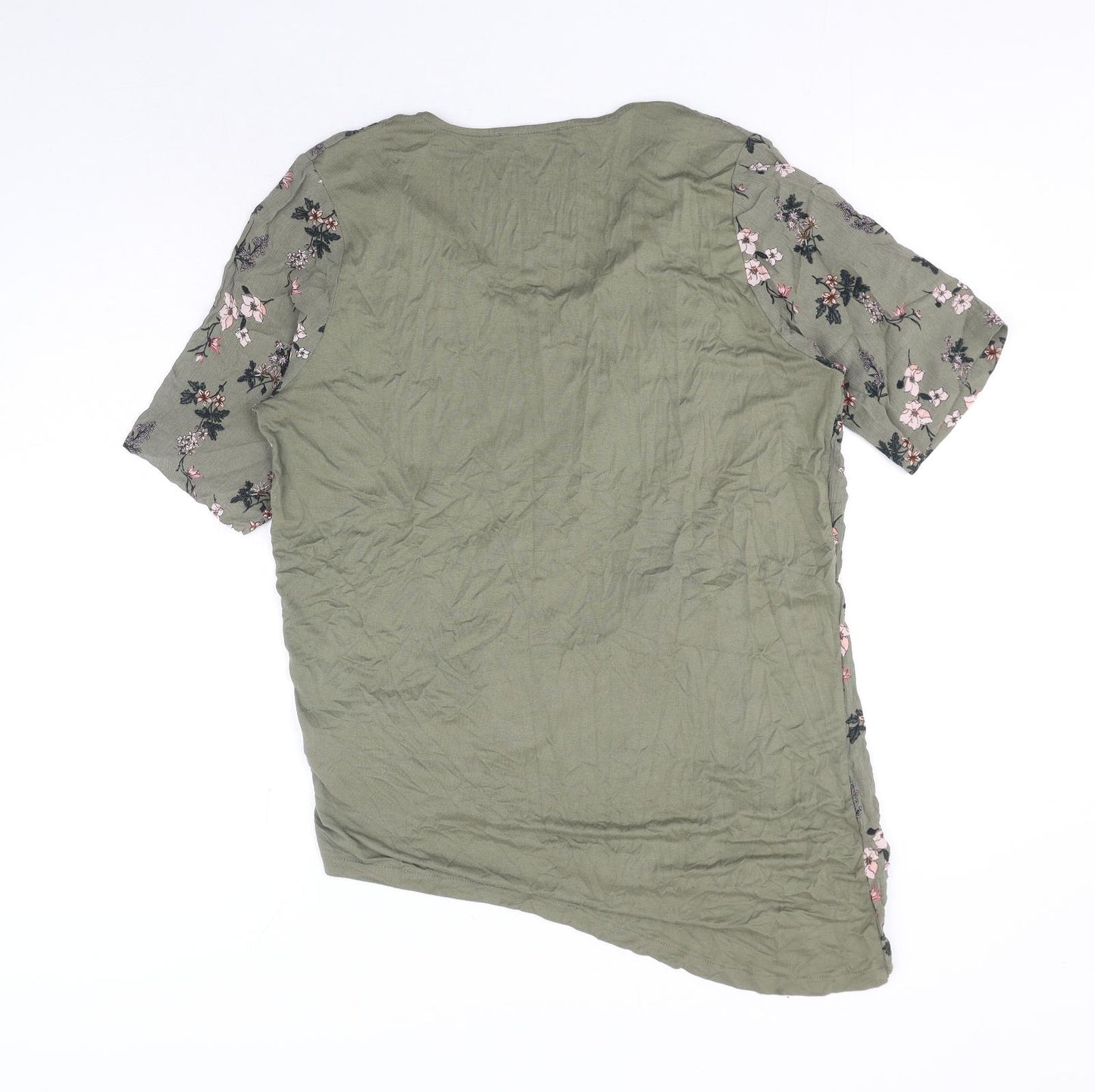 Marks and Spencer Womens Green Floral Viscose Basic T-Shirt Size 16 V-Neck