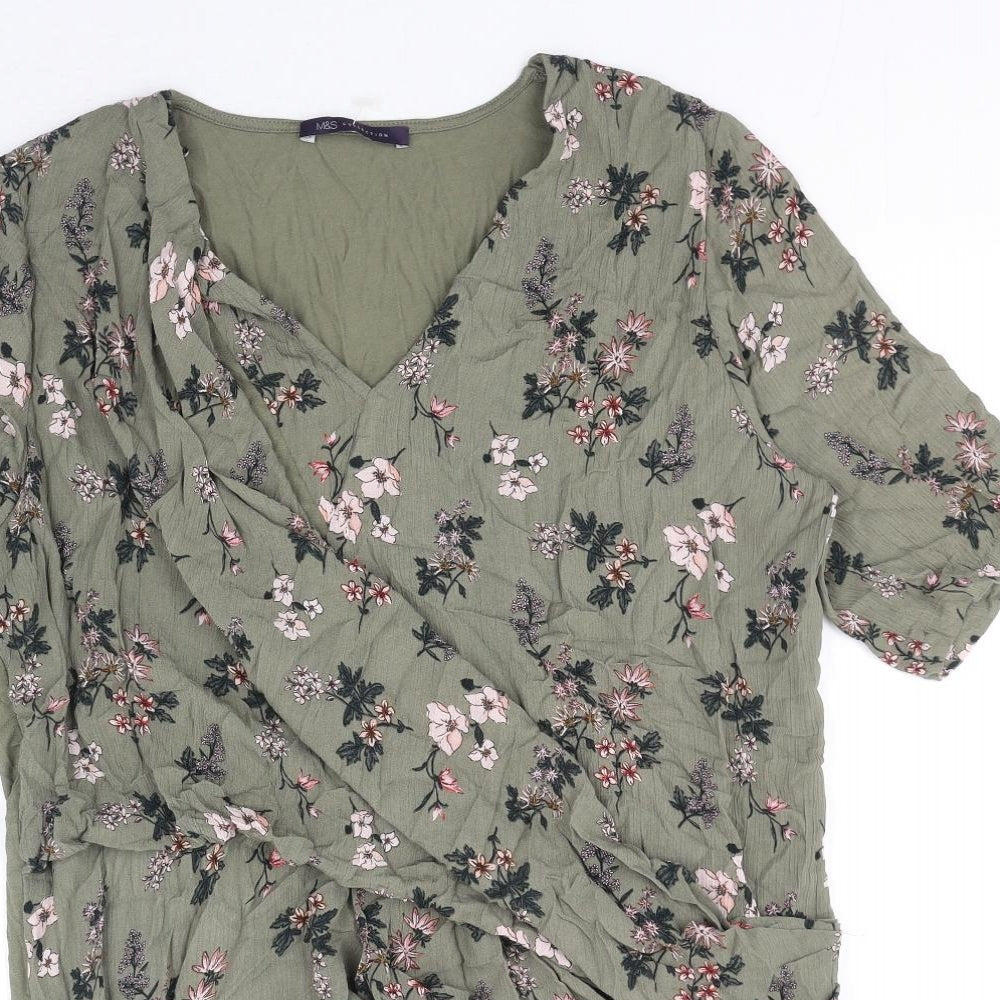 Marks and Spencer Womens Green Floral Viscose Basic T-Shirt Size 16 V-Neck