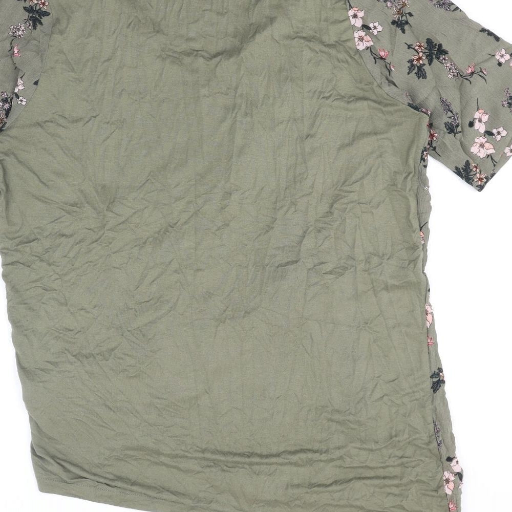 Marks and Spencer Womens Green Floral Viscose Basic T-Shirt Size 16 V-Neck
