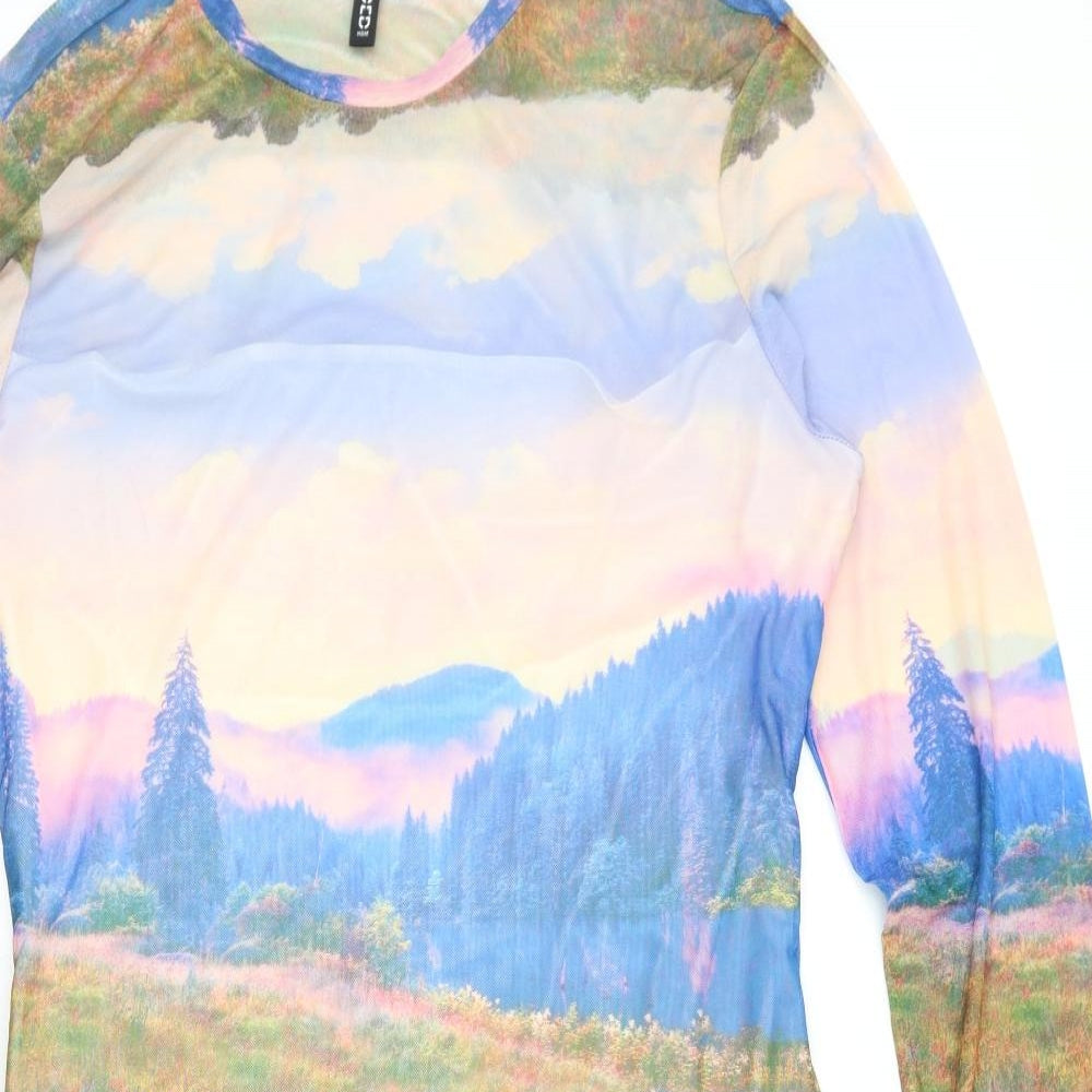 Divided by H&M Womens Multicoloured Geometric Polyester Bodycon Size 2XL Scoop Neck Pullover - Landscape Print