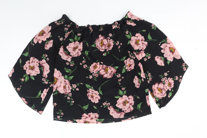 SheIn Womens Black Floral Polyester Basic Blouse Size M Off the Shoulder