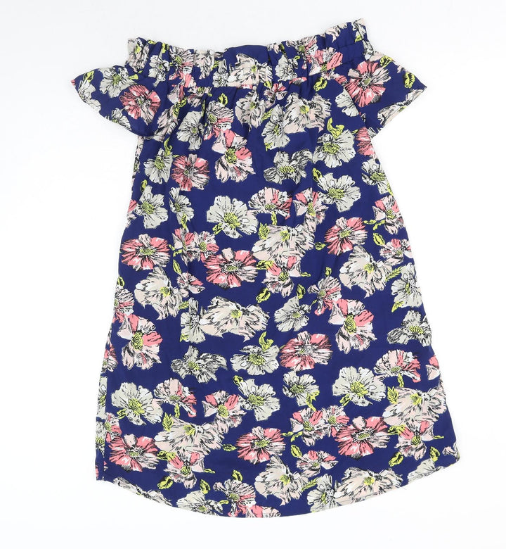 Atmosphere Womens Blue Floral Polyester Mini Size 10 Off the Shoulder Pullover