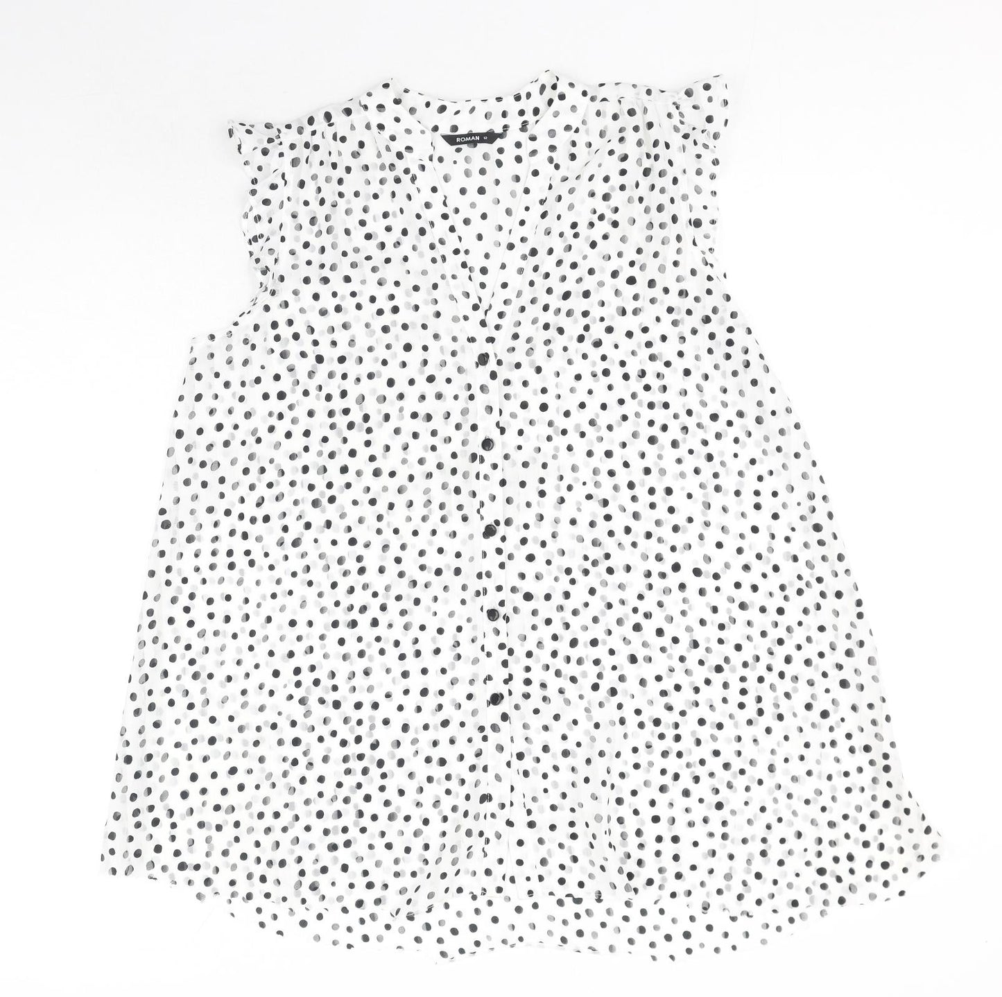 Roman Womens White Polka Dot Polyester Basic Blouse Size 12 V-Neck