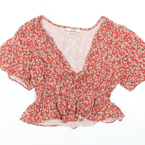 Pull&Bear Womens Red Floral Viscose Cropped Blouse Size M V-Neck