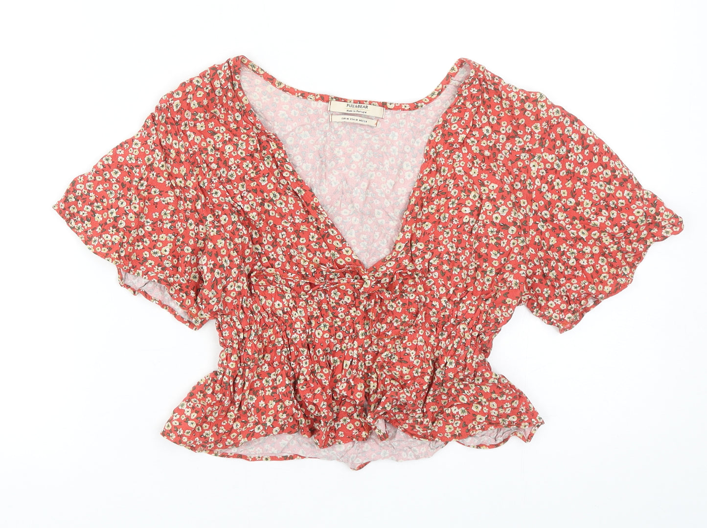 Pull&Bear Womens Red Floral Viscose Cropped Blouse Size M V-Neck