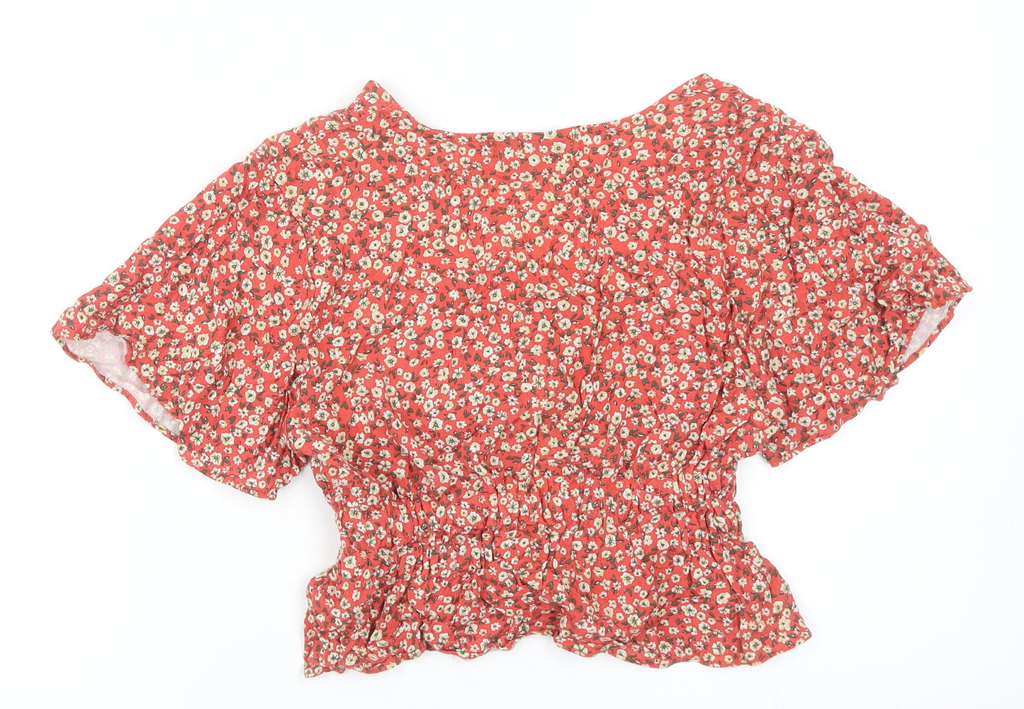 Pull&Bear Womens Red Floral Viscose Cropped Blouse Size M V-Neck