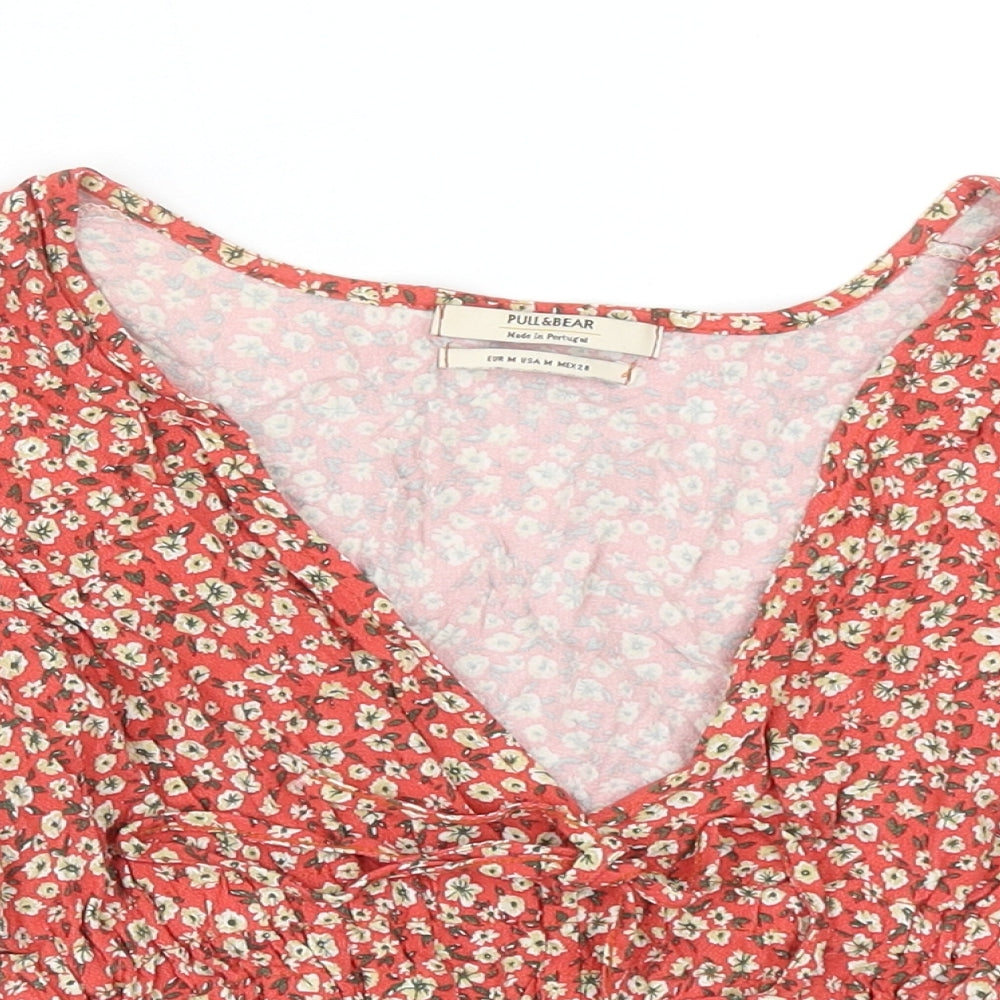 Pull&Bear Womens Red Floral Viscose Cropped Blouse Size M V-Neck