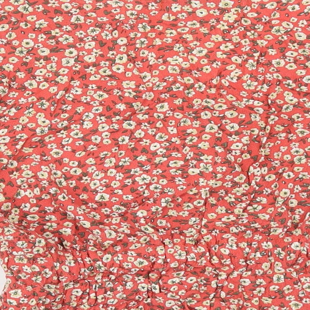 Pull&Bear Womens Red Floral Viscose Cropped Blouse Size M V-Neck