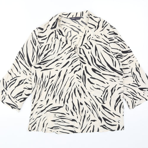 Marks and Spencer Womens Beige Animal Print Viscose Basic Button-Up Size 8 V-Neck - Zebra Print