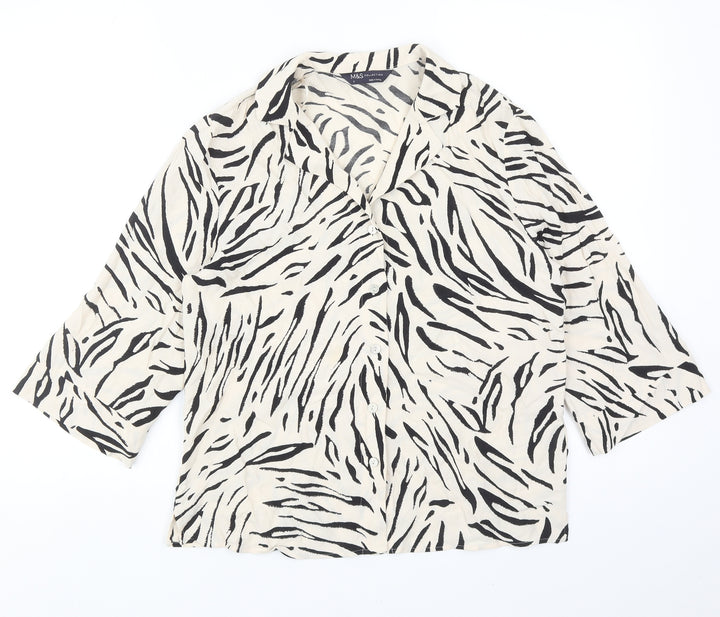 Marks and Spencer Womens Beige Animal Print Viscose Basic Button-Up Size 8 V-Neck - Zebra Print