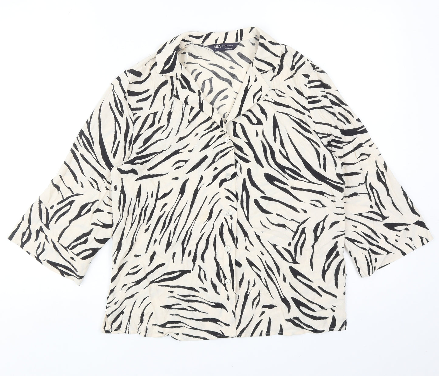Marks and Spencer Womens Beige Animal Print Viscose Basic Button-Up Size 8 V-Neck - Zebra Print