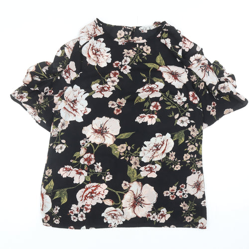 Peacocks Womens Black Floral Polyester Basic Blouse Size 12 Boat Neck - Cold Shoulder